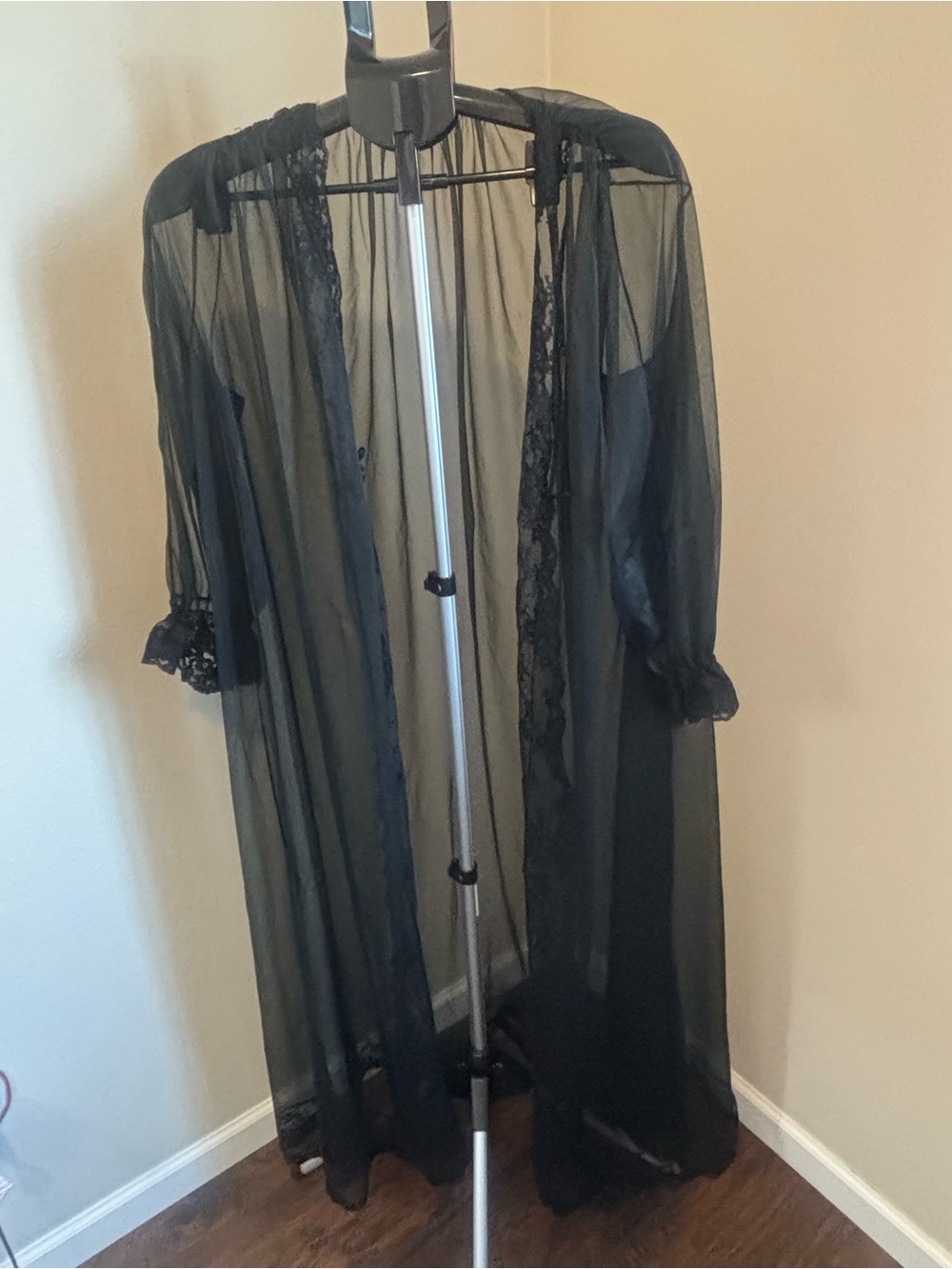 Vtg 60s 70s Miss Elaine Sheer Black Duster Peignoir Robe Oversized XL / XXL